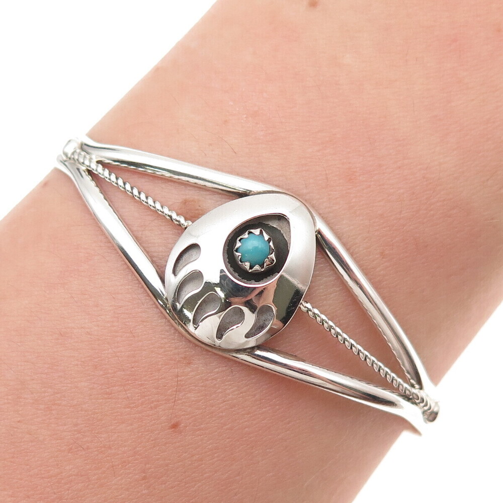 Old Pawn 925 Sterling Silver Vintage Turquoise Bear Paw Adjustable Bracelet 6"